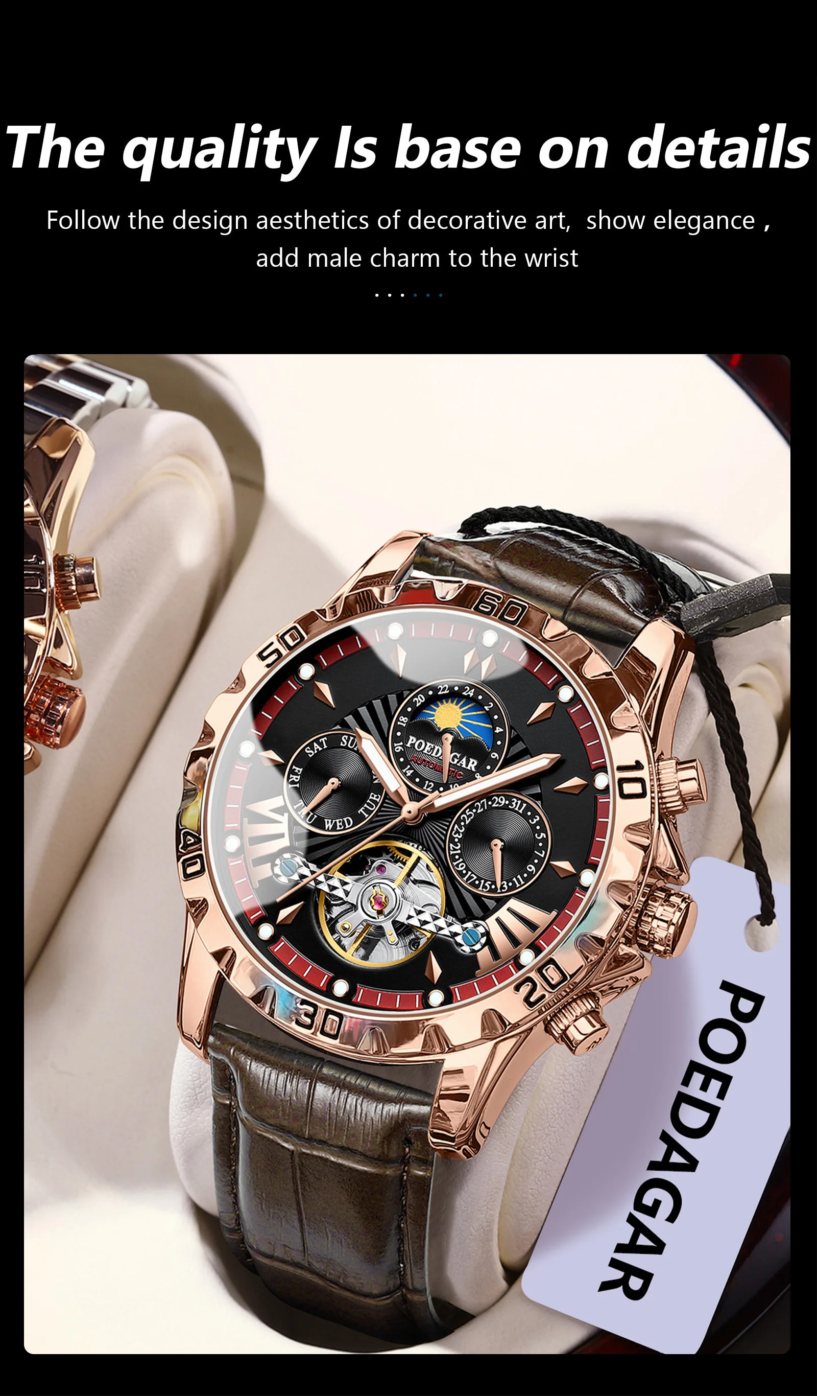POEDAGAR Luxury Automatic Mechanical Men Watch Hollow Tourbillon Waterproof Luminous Male Clock Week Date Business Men's Watches