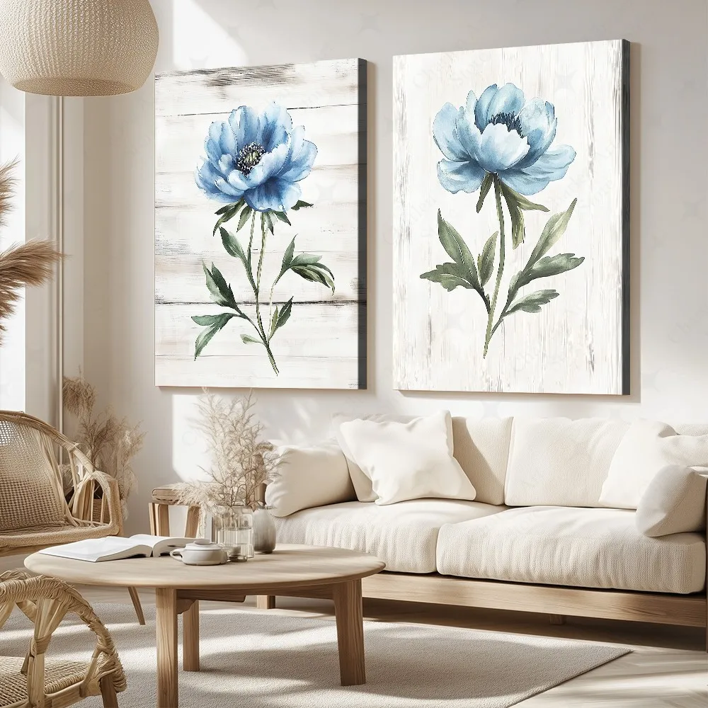 Quadro sobre tela para parede com flores azuis, planta vintage, flor, aquarela, flor silvestre, poster botânico, decoração