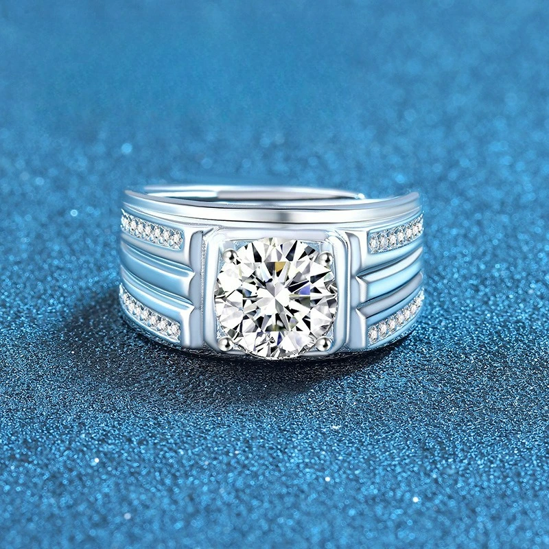 

PT950 Platinum Artificially Cultivated Gemstone Grand Men's Ring Set with Moissanite Full Diamond Opening Luxury Ring