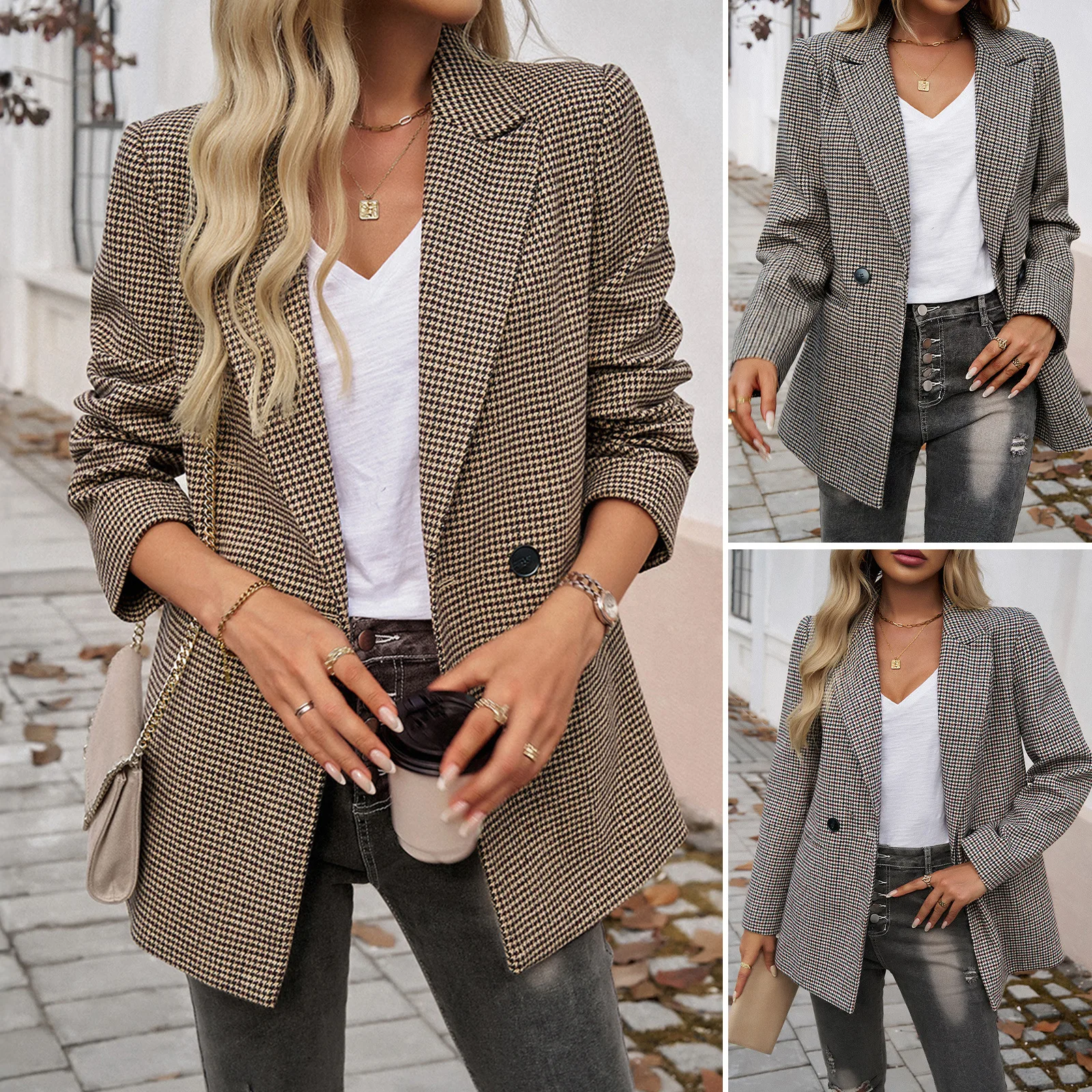 2024 Autumn and Winter European and American Foreign Trade Women\'s Wear Commuter Contrast Color Lapel Button Small Suit