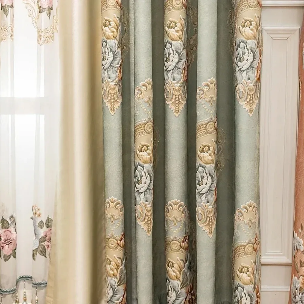 

European Style Villa Blue Retro Relief Jacquard Curtains For Living Room Bedroom French Window Customized Villa Finished Product
