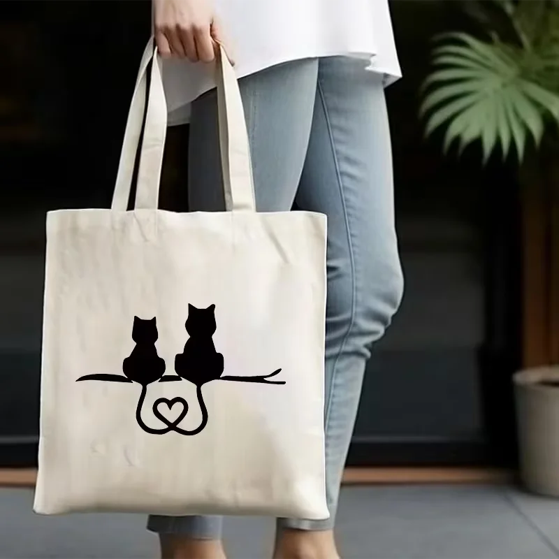 Funny Cat Tail Heart-shaped Canvas Bag,Cute Cat Black and White Canvas Bag for Shopping Commute Travel Picnics and Parties