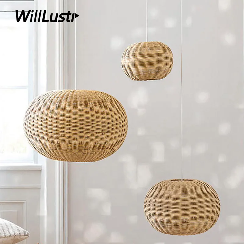 Creative Wicker Ball Pendant Lamp Oval Rattan Suspension Light Hotel Cafe Homestay Tearoom Handmade Hanging Ceiling Chandelier