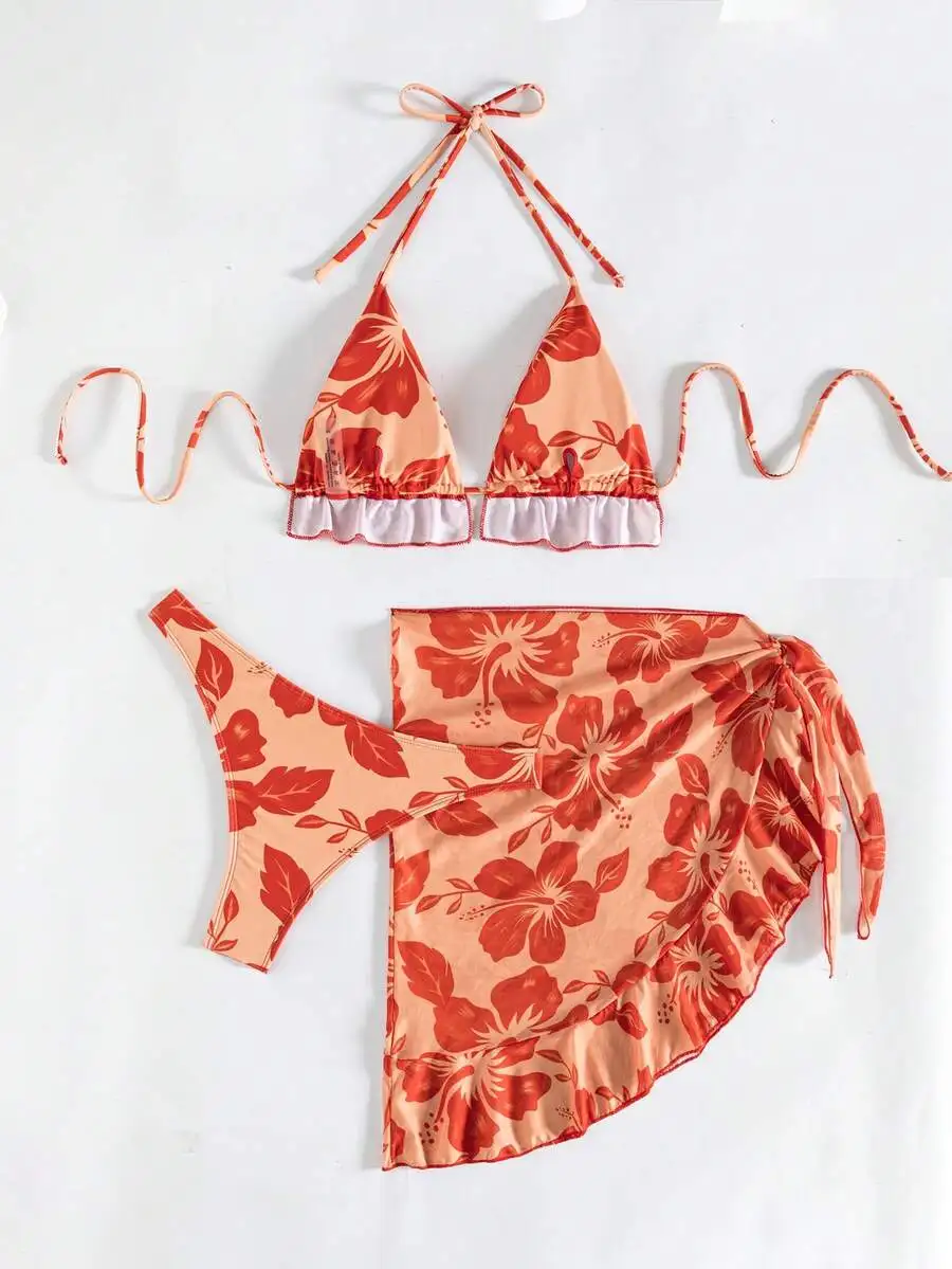 

Summer Floral Print Halter Tie Bikini Set With Wrap Skirt Cover-Up For Women Beach Swimwear