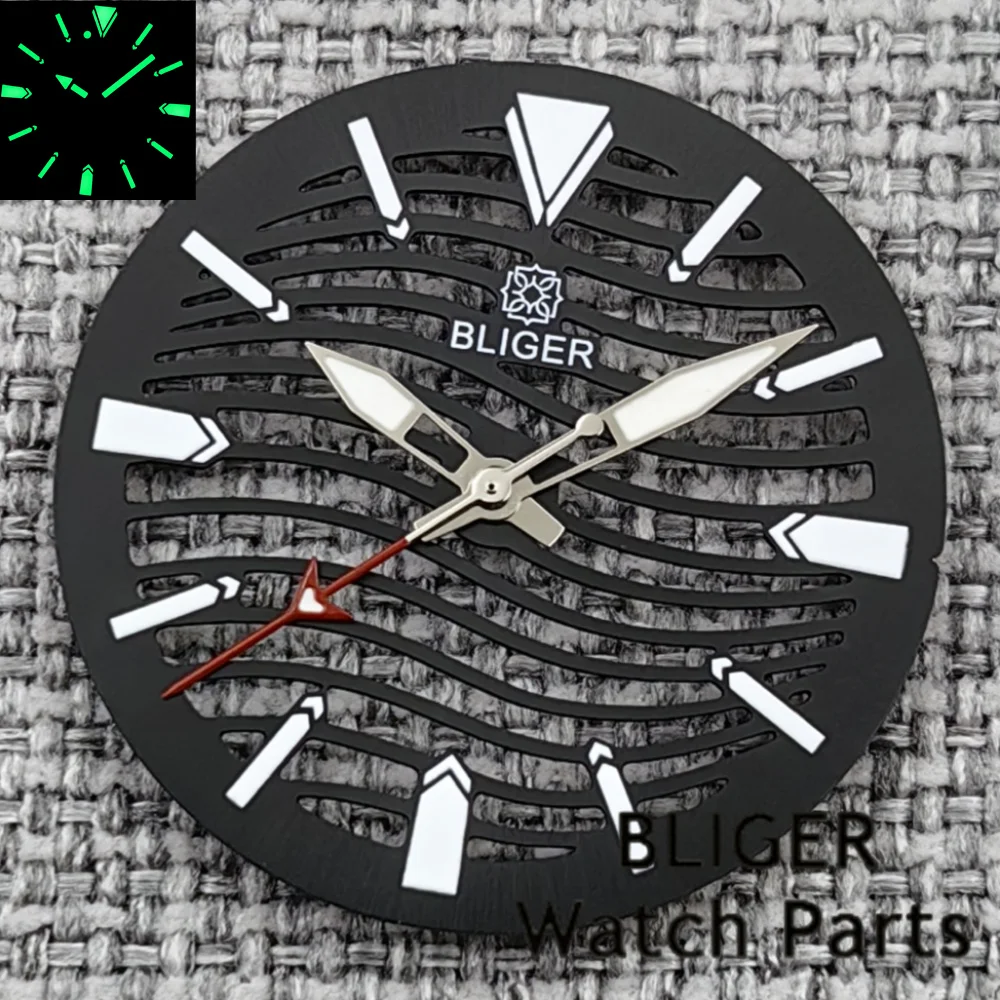 BLIGER New Hollow-out Watch Dial And Skeleton Hands Fit 29mm Black Silver Blue Green Dial C3 Green Luminous Fit NH70 NH72