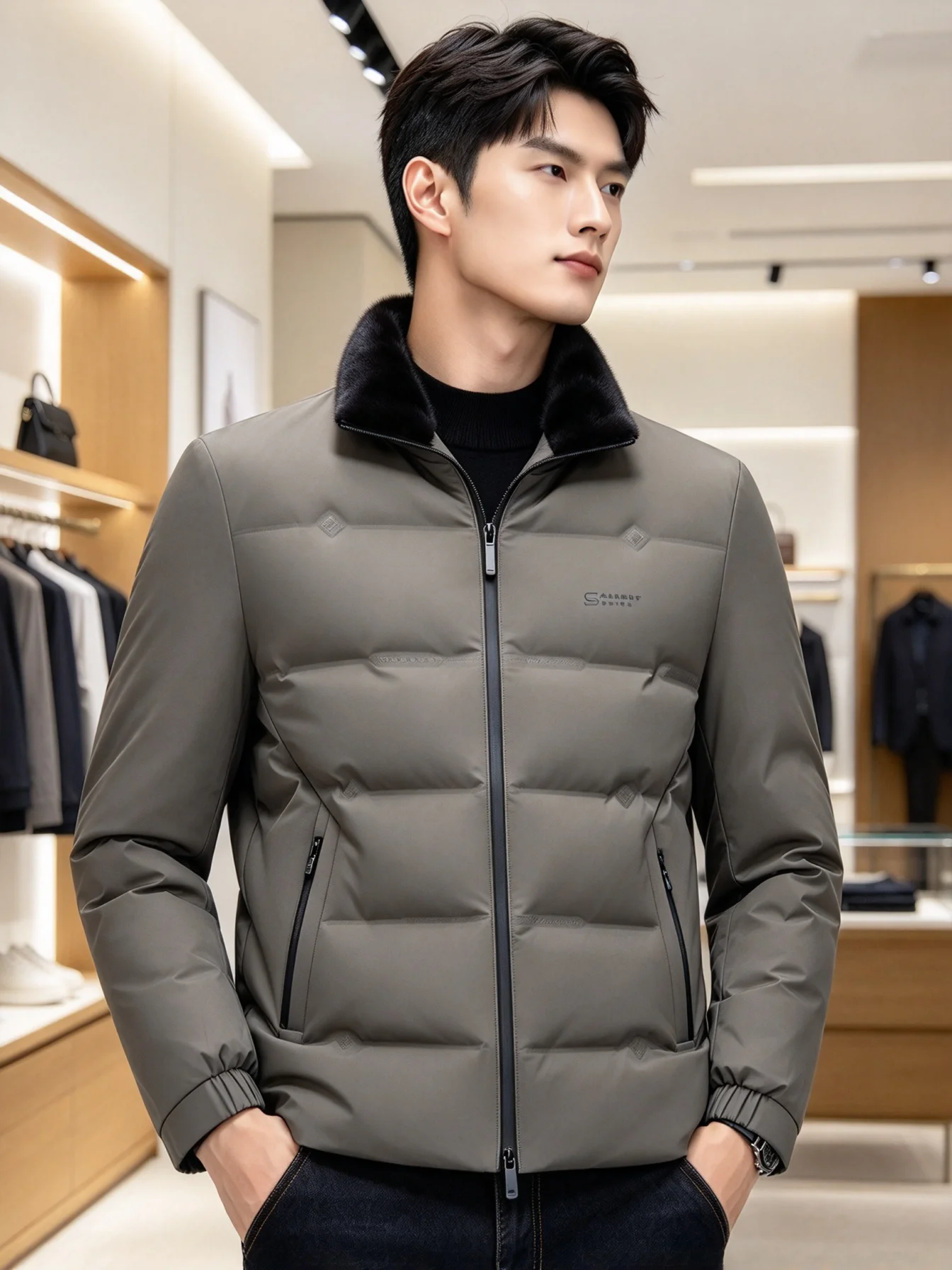 Men Fur Collar Puffer Jacket Solid Color Zipper Coat Business Casual Warm Winter Outerwear For Men