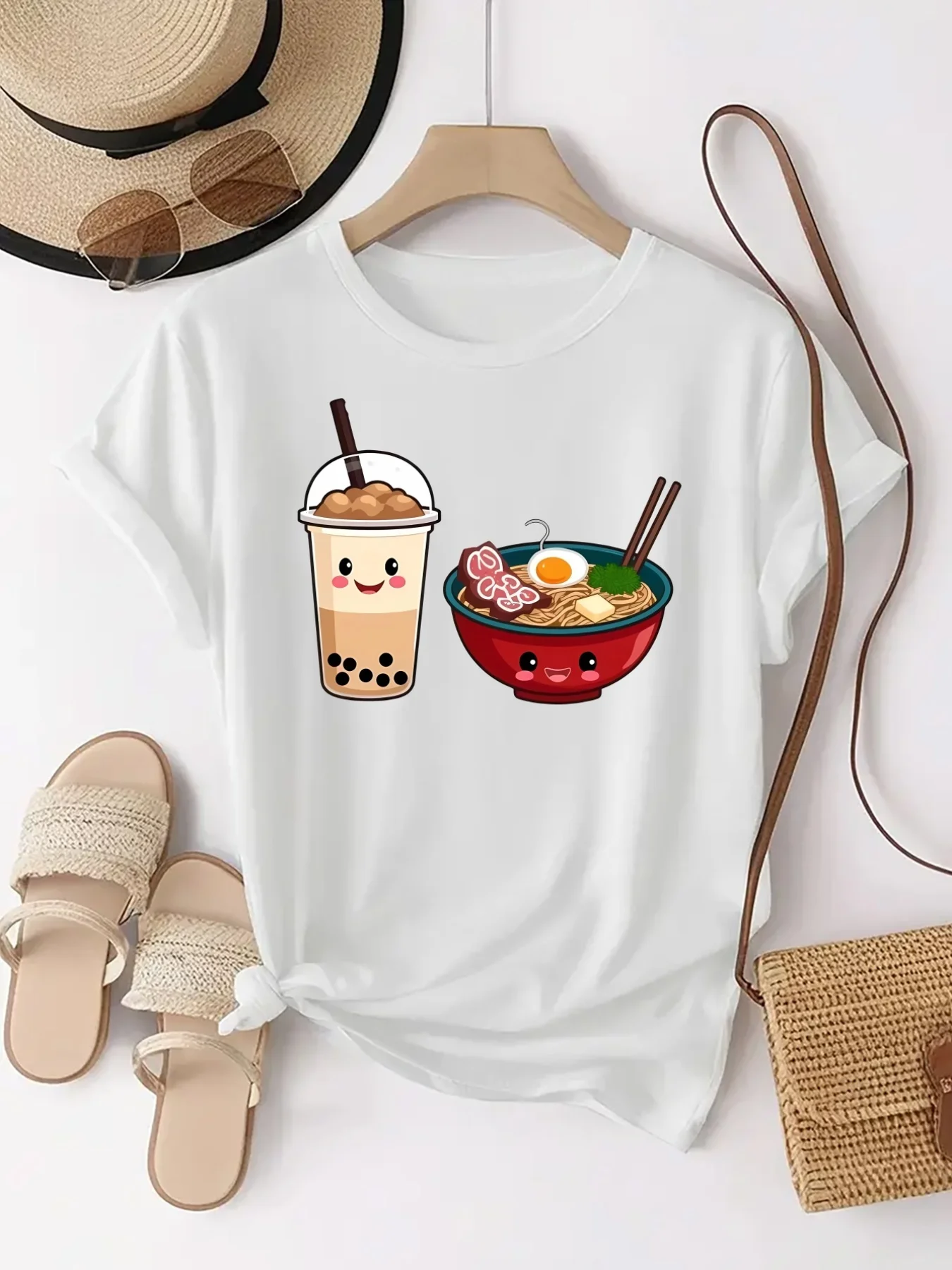 2026 New Fashion Women Tee Summer Cute Milk Tea Ramen Cartoon Print Casual Crew Neck Short Sleeve Comfortable Clothing Clearance
