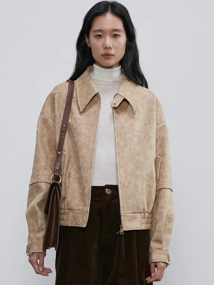 Giacca Moto in Pelle Scamosciata Retrò Neutra da Donna, Nuova Collezione Primavera Autunno 2025, Giacca in Pelle Senza Etichetta per Pendolarismo