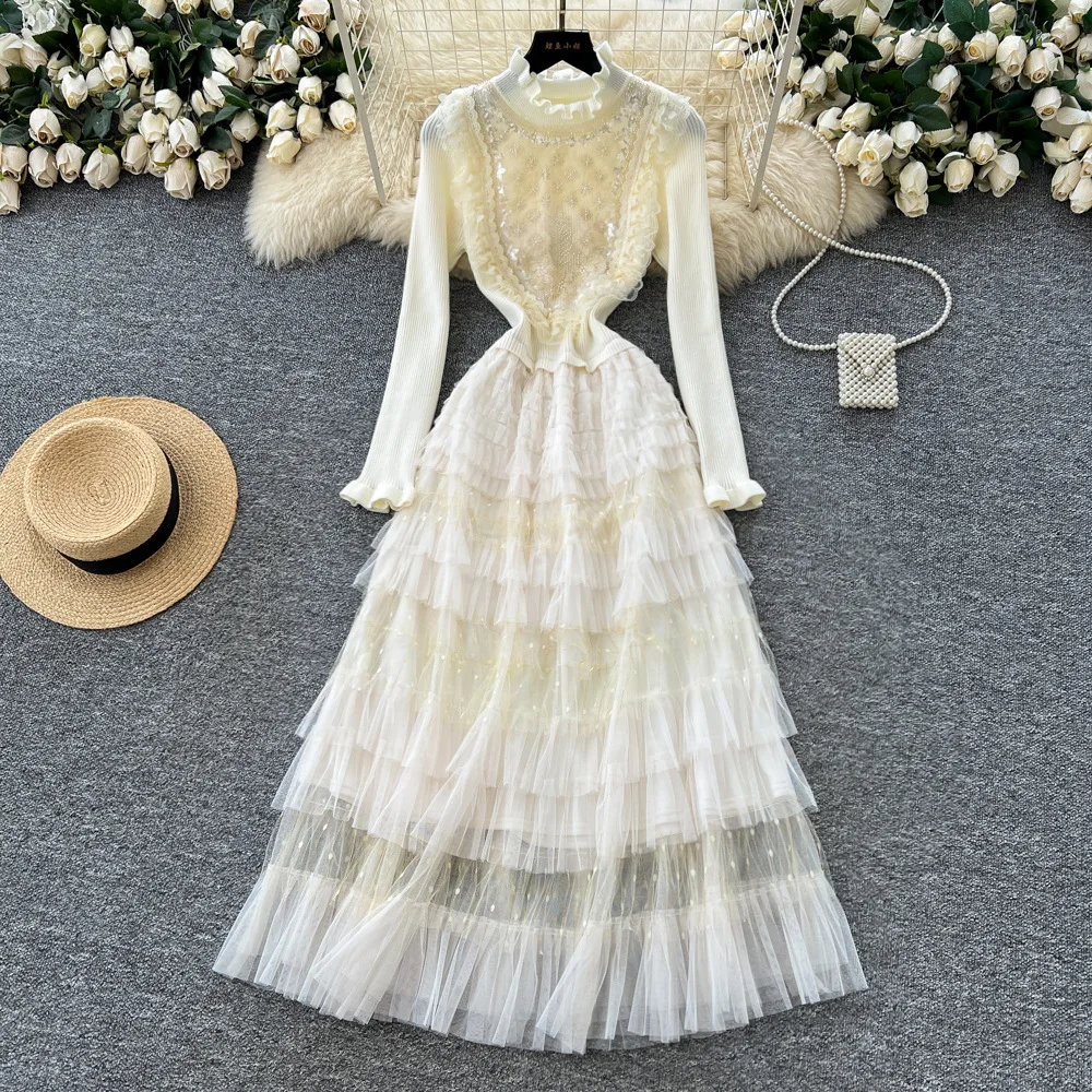 

Women Knit Spliced Mesh Dresses Solid Dress Beaded Sequins Ankle Lenth Long Sleeve O Collar SlimFit Casual Elegant 2025 Autumn