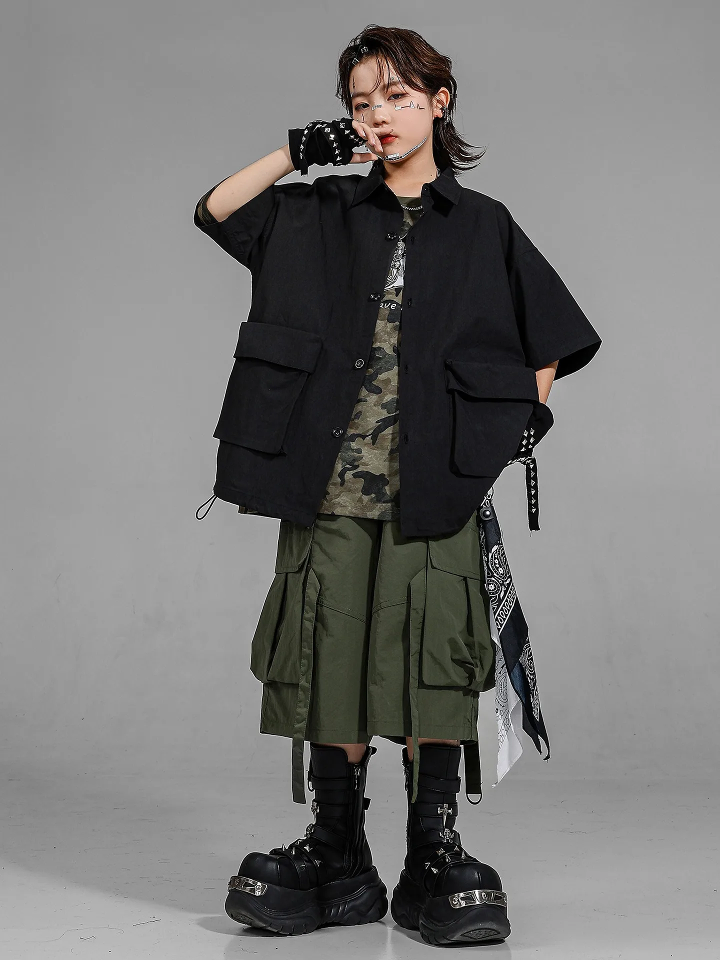 2025 Ragazzi Vestiti Hip Hop Costumi di danza jazz Kid Allentato Camouflage Top Cargo Shorts Pratica Abbigliamento da ballo di strada Abbigliamento DQL11043