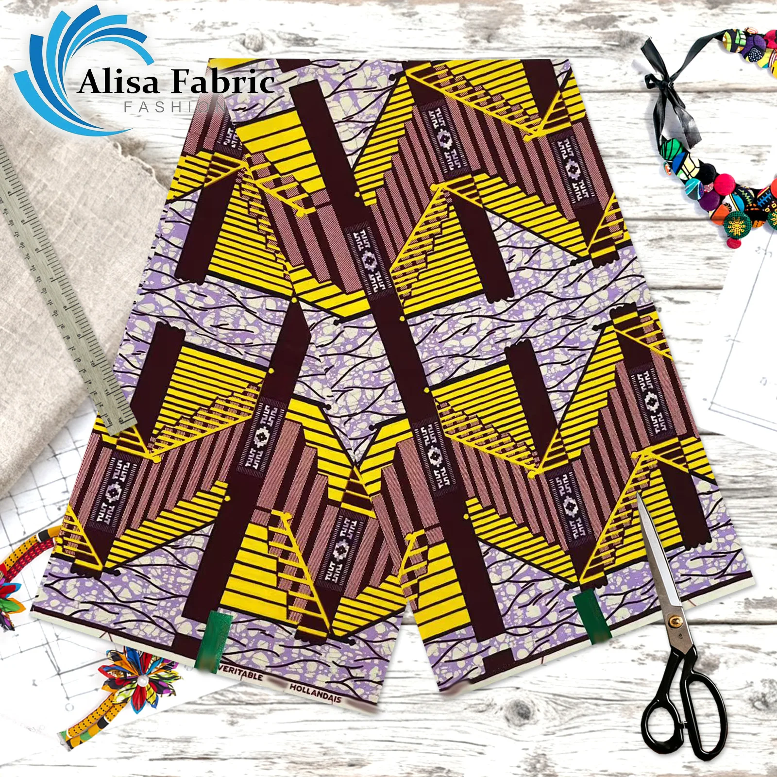 

2025 New style hollandais African wax print fabric 100% cotton 6 yards tissus couture for fashion attire, Brick red & Yellow