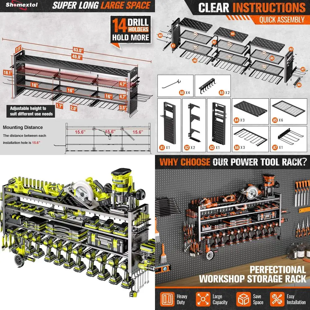 

49.8" W Large Power Tool Organizer Wall Mount, Heavy Duty Tool Organizer with 14 cordlDrill Holder, 4 Layers Garage Organization