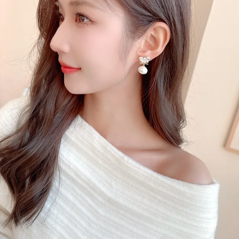 Earrings Women's Long Fashionable 925 Silver Needle Heavy Industry Zircon French Earrings Bow Pearl Earrings