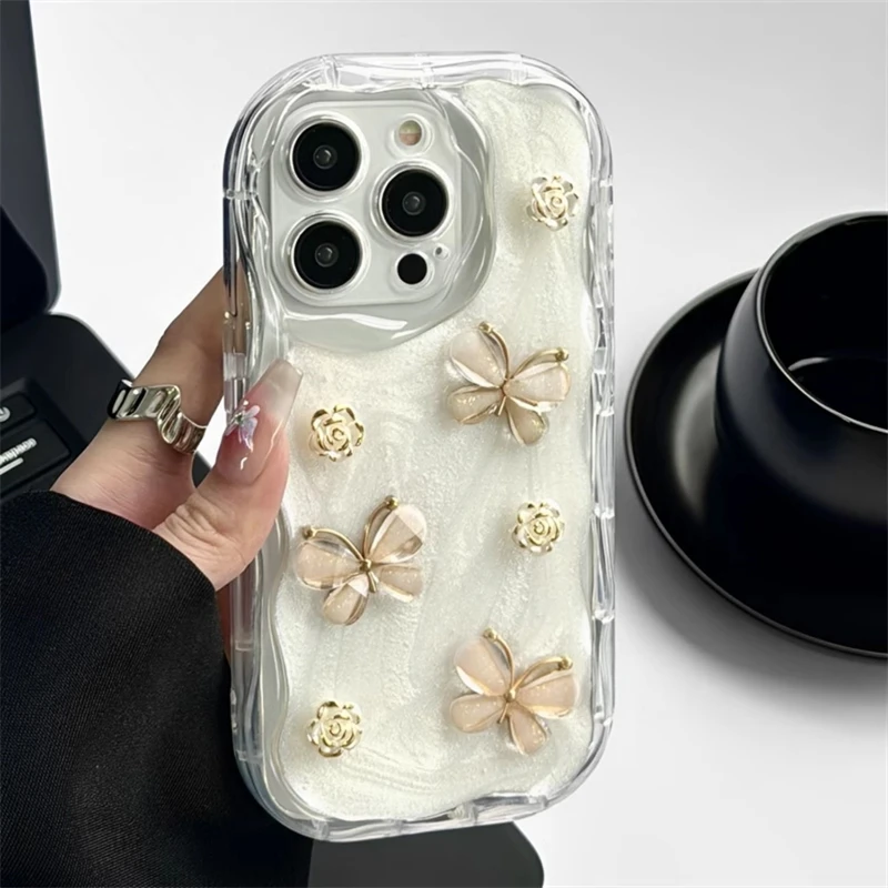 Korean Style 3D Floral Butterfly Epoxy Case For iPhone 15 14 13 12 11 Pro Max X XS XR Camera Protective Wave Silicone Soft Cover