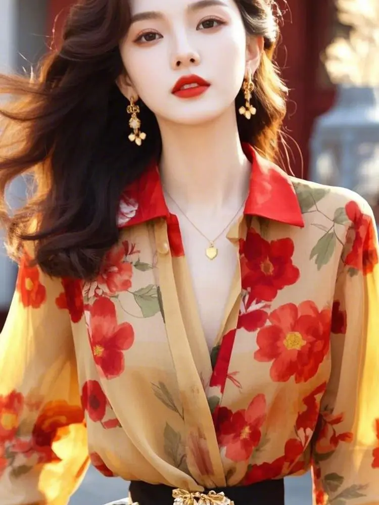 

Design sense niche outer shirt 2026 spring new loose top fashion temperament chiffon print shirt women tops