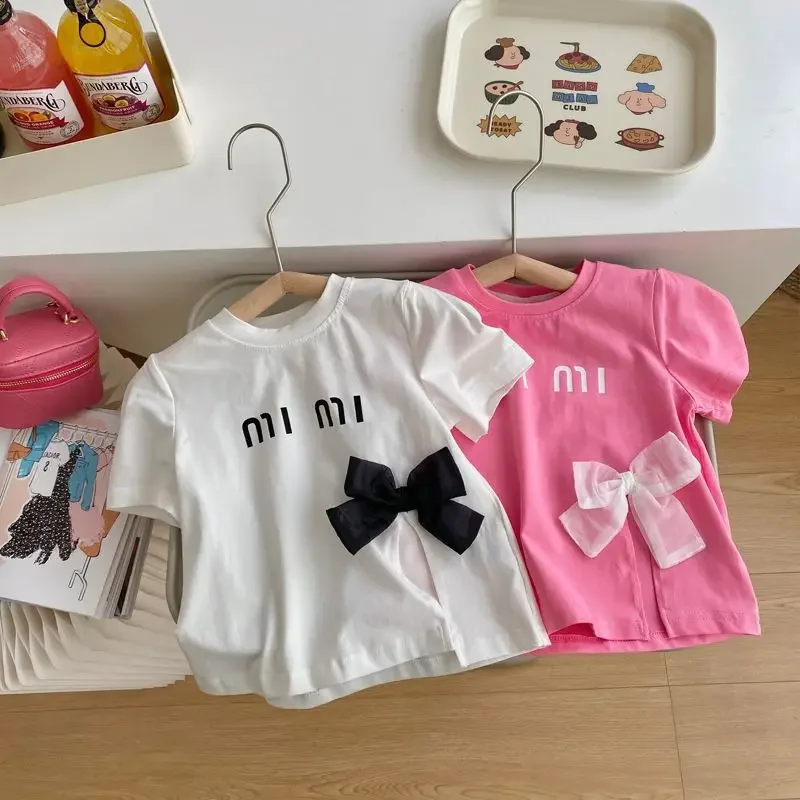 New Girls T-shirt Cotton Short Sleeve Tees Summer Kids Bow Top Sweet Slit Children Beaded T-shirts for Teenage Girls