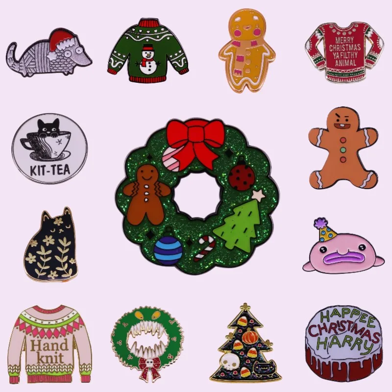 Suéter de árbol de Navidad, alfileres de esmalte duro, broches de Metal de galletas de gato Kawaii, decoración única de navidad, regalos de Año Nuevo al por mayor