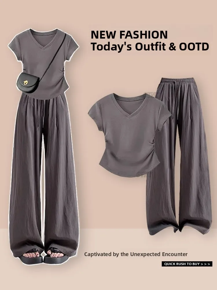 Faionable Commute Ready Damen-Sommer-Outfit Ort Sve V-Ne, plissiertes Taillen-Design, hohe Taille, Freizeithosen-Set