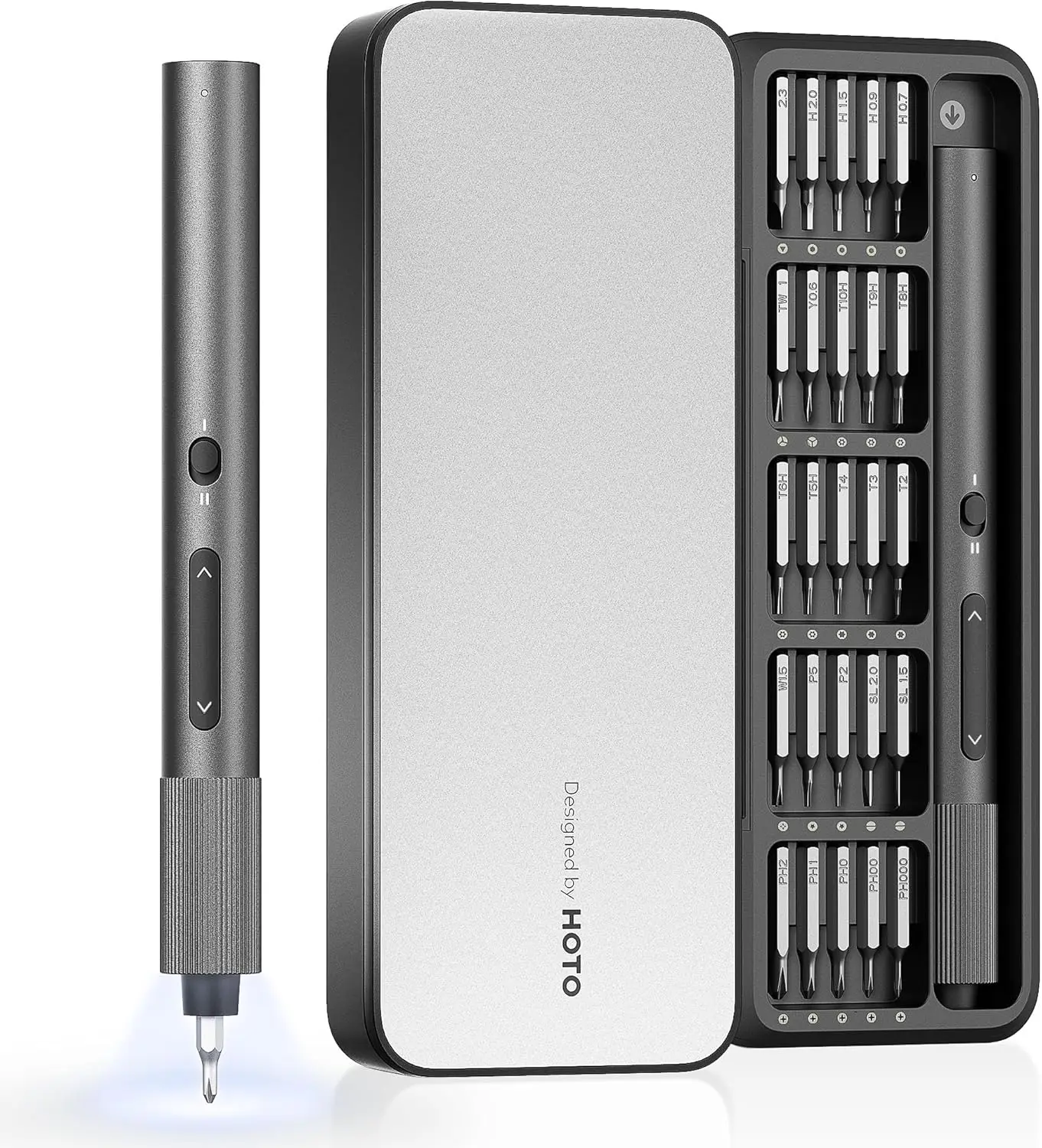 

Mini Electric Screwdriver 25 Magnetic S2 Bits, 170RPM Precision Screwdriver Set USB-C, 2 Torque Settings, LED Light, Small Repai