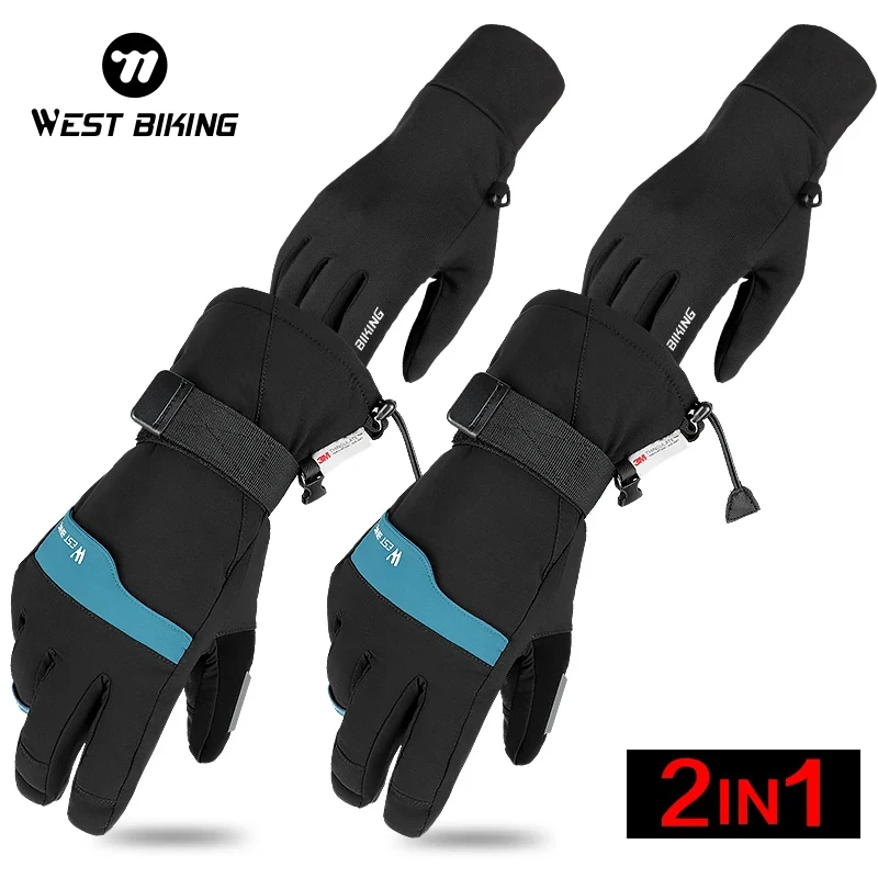 WEST BIKING 3M Winter Sport Gloves Waterproof Warm Ski Gloves Thick and Thin Gloves 2 in 1 Touch Screen Motorcycle Cycling Glove