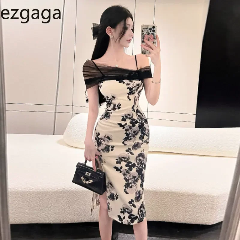 Ezgaga Sexy Vintage Dresses Women Off Shoulder Mesh Patchwork Sleeveless Floral Chic Slim Elegant Dress Bandage Backless