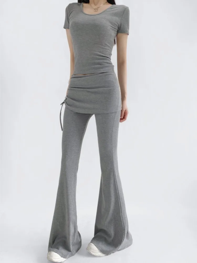 

Woman 2 Piece Set Outfit Solid Color Short-sleeved T-shirt Lace-up Bootcut Culottes Long Pants Two Piece Outfits Simple Style