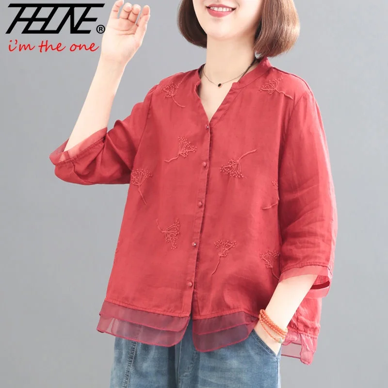 Summer Women\'s Clothing Shirts Blouse Blusa Mujer Casual Camisas Vintage Cotton Linen Button Solid Embroidery Chinese