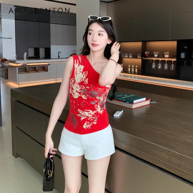

Original 2025 Summer New Y2K Hot Girl Fashion Red Printed Women's Top French Unique Design Slimming Off-Shoulder T-Shirts Ladies