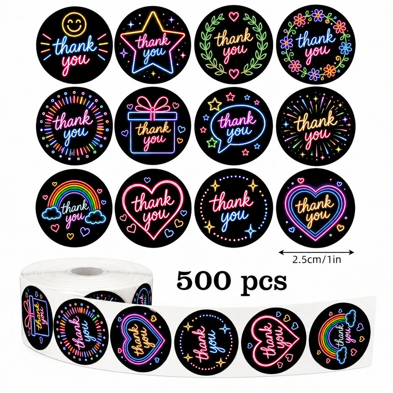 100/500/1000pcs Neon Thank You Stickers,1in Round Self Adhesive Labels, 12 Designs Thank You Seal Sticker for Small Shop Package