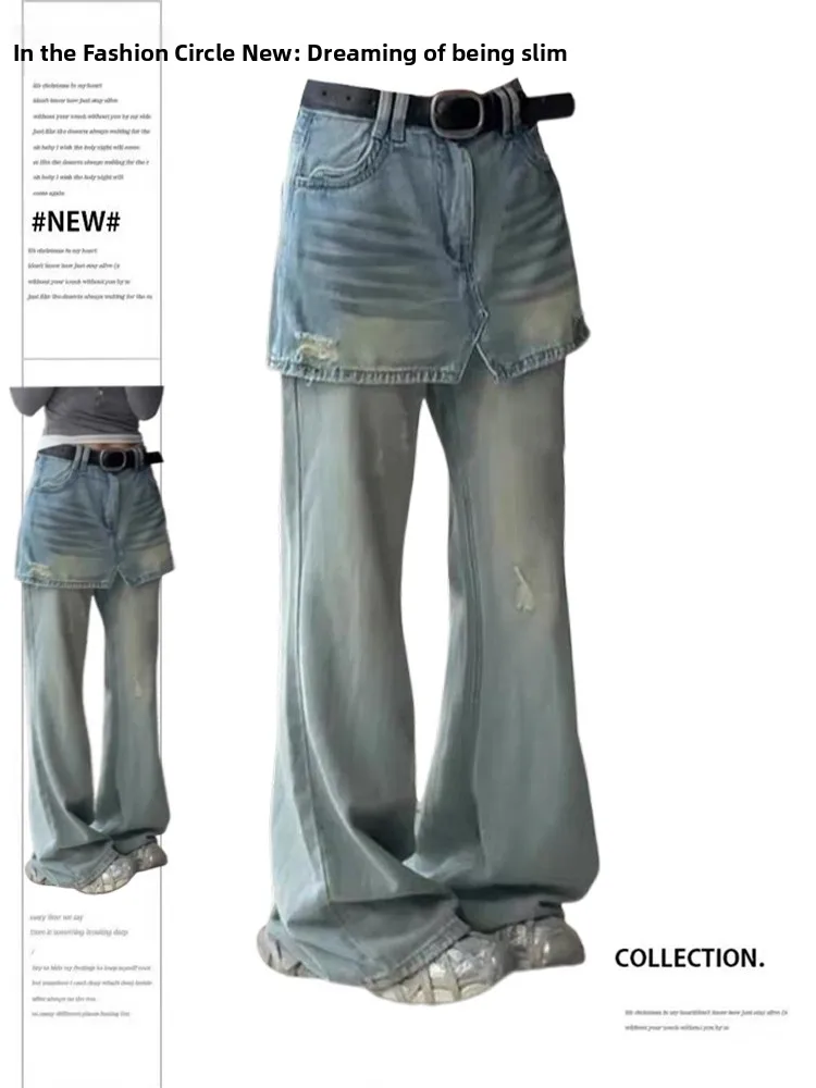 

plus Size American Retro Denim Skirt Pants Women's Wide Leg Floor-Length Curtain Casual Zipper Sle Summer Jeans