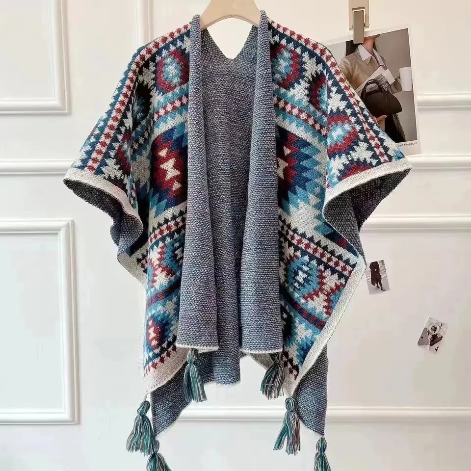 Poncho jubah wisata selendang musim gugur dan musim dingin gaya etnik rajutan jubah High-end gaya baru syal Split syal wanita