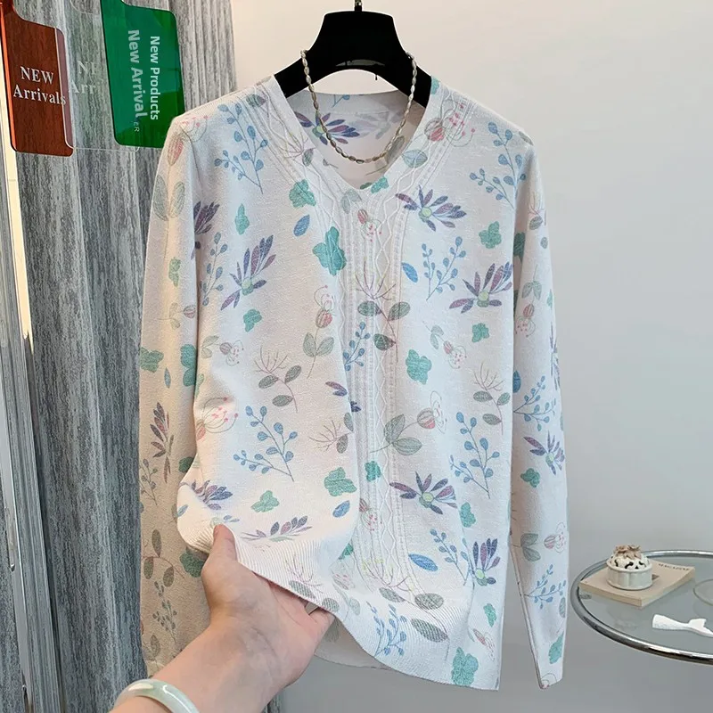

Floral Knitted Long Sve V-Ne T-irt Thin Base Layer irt Outerwear Casual Sle Women's Autumn Cotton Polyester Blend