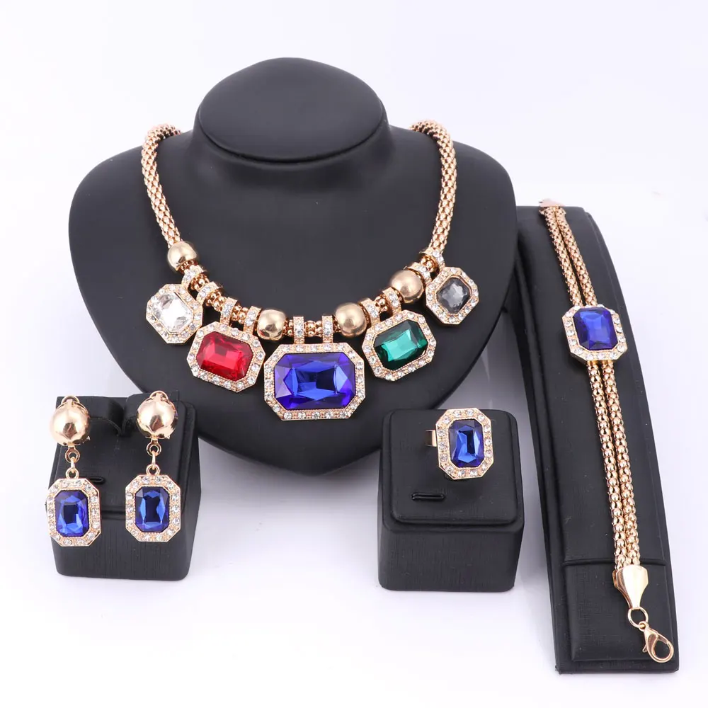 

African Beads Jewelry set Women Gold Color Crystal Glass Wedding Party Necklace Bracelet Earring Ring Jewellry