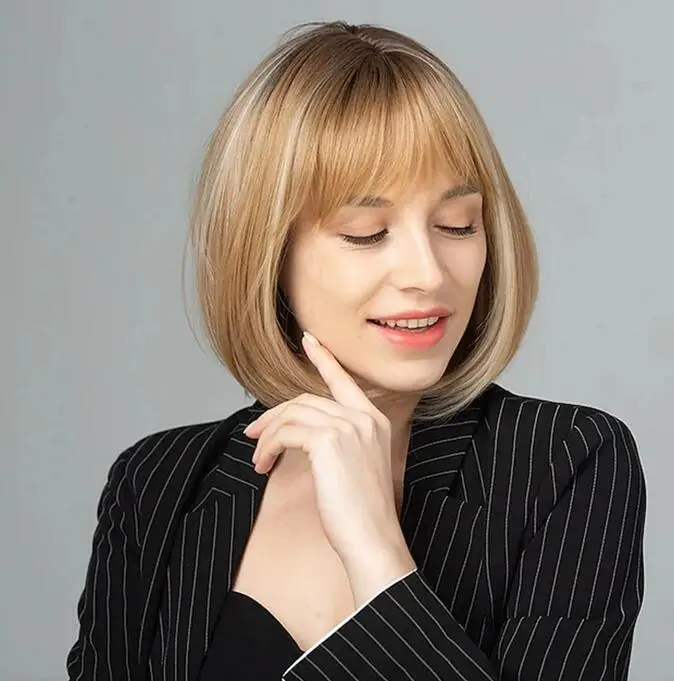 Peruca curta loira clara para mulheres, cabelo liso natural, peruca bang limpa, peruca loira de cabelo humano, peruca à fantasia