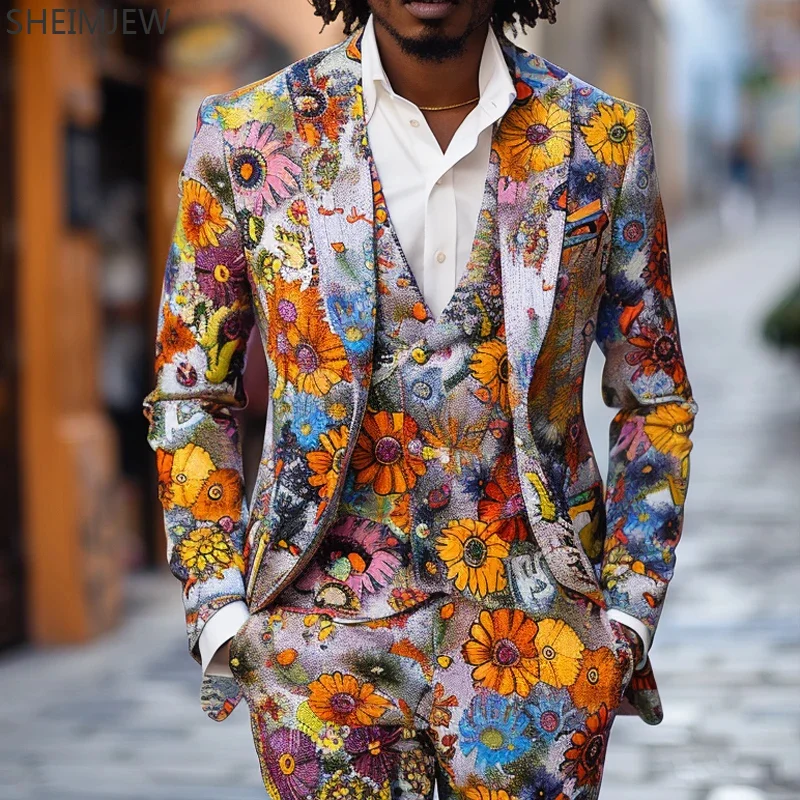 Traje de flores con estampado colorido rosa para hombre, traje clásico informal de negocios para exteriores, trajes de escenario Emcee, chaqueta y pantalón para club nocturno