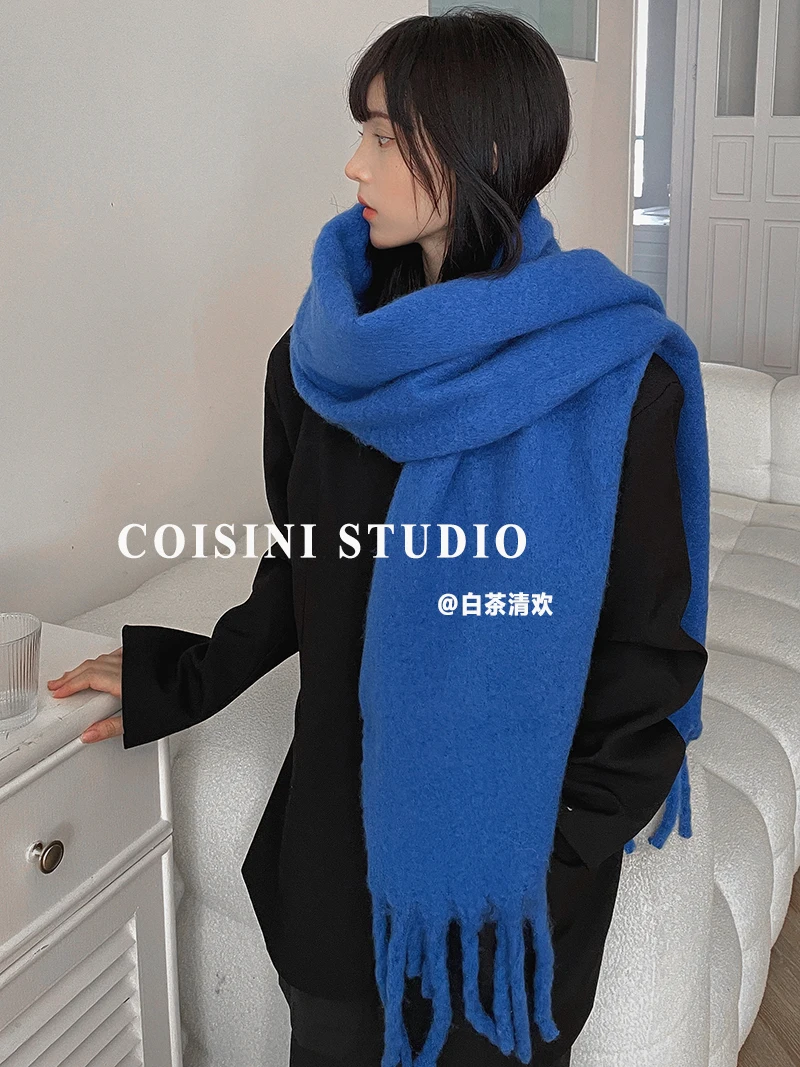 

Японский однотонный утолщенный шарф из мохера с бахромой, женский осенне-зимний теплый ветрозащитный морозостойкий шарф-шаль двойного назначения