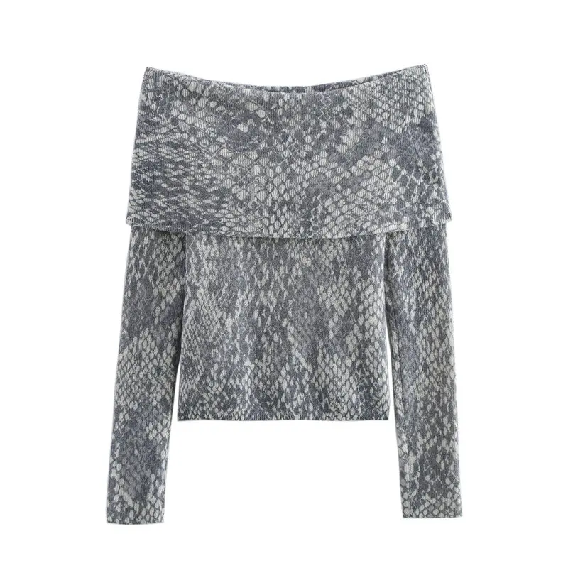 Spring 2025 Women's Animal Embroidered Casual Knitwear oulder Bared Long Sve Straight Collar Longitudinal Commute Sle