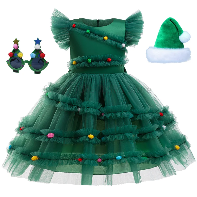 

Christmas Girl Dress Cute Christmas Tree Tulle Skirt Children's Role-playing Costumes Girl's Carnival Party Green Clothes