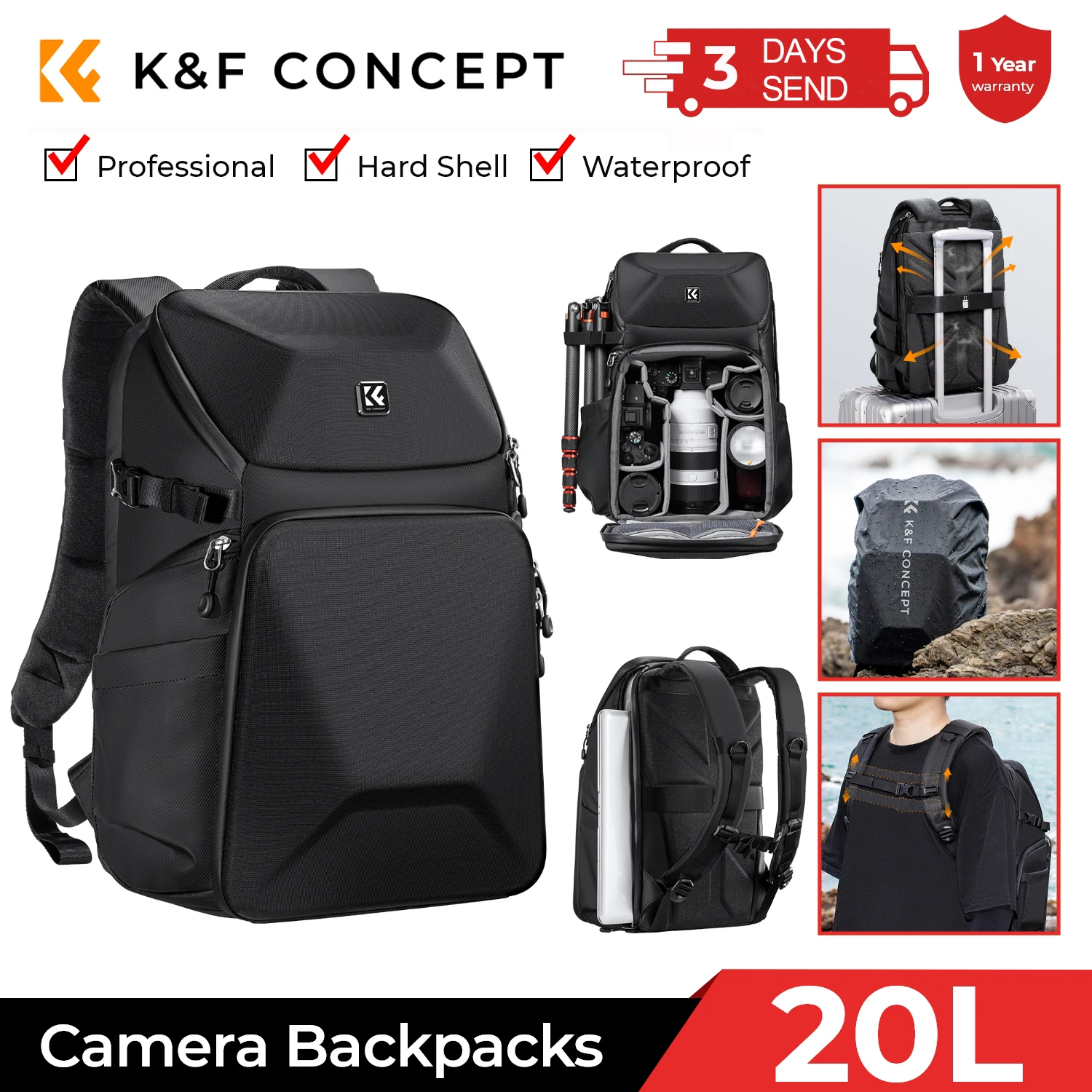 

K&F Concept Outdoor Camera Backpack 20L Large Waterproof Video Bag for Photographer 15.6inch Laptop Tripod Multi-functional Case