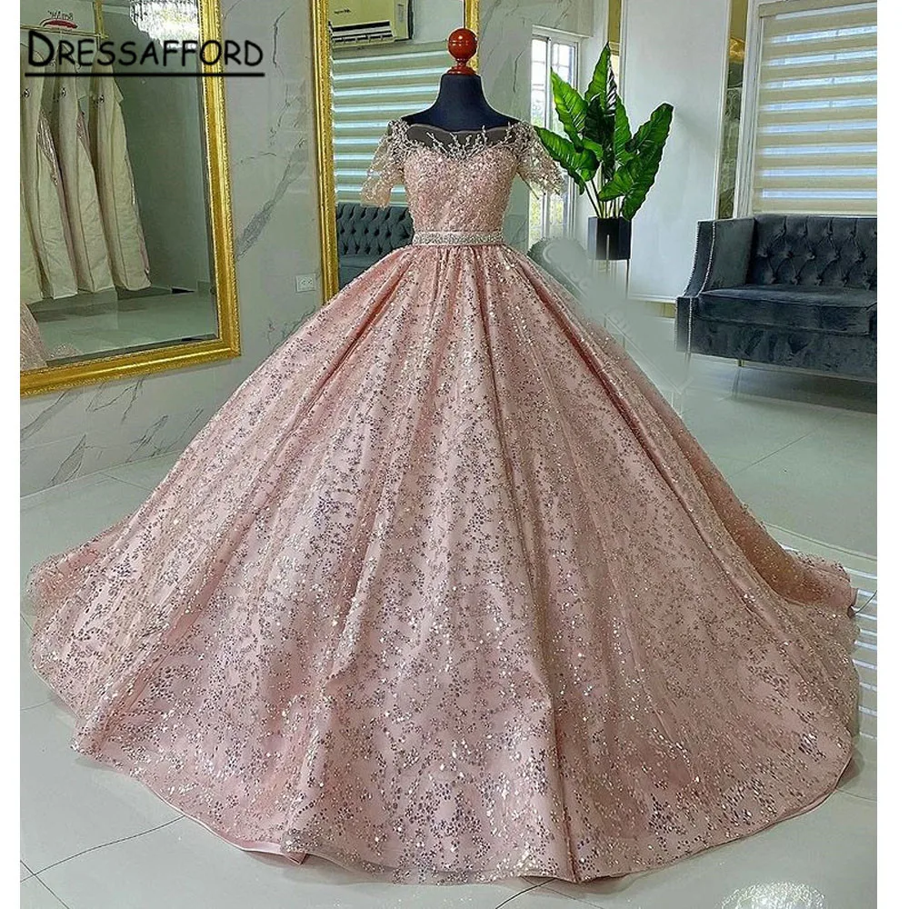 

Pink Cinderella Ball Gown Quinceanera Dresses Sparkly Party Gowns Vestido De Festa Sweet 16 Dress