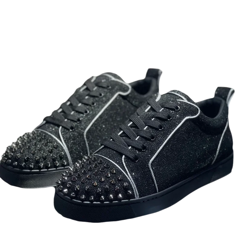 

Luxury Low Top Red Bottom Shoes For Men Trainers Driving Spiked Black Glitter Genuine Leather Toecap Silver Rivets Flats Sneaker