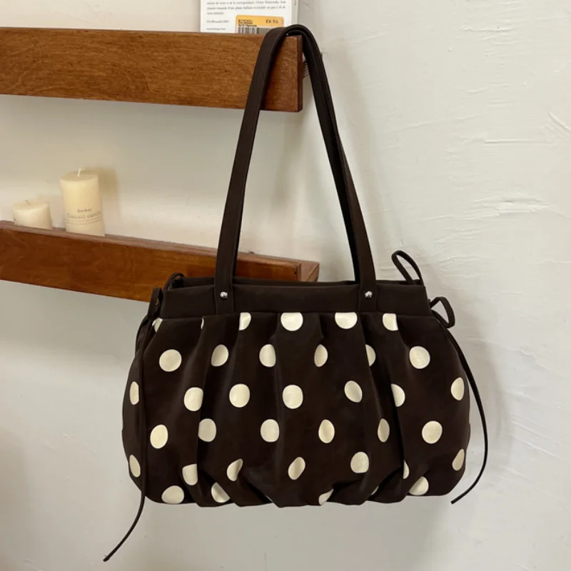 Korean Sweet Polka-dot Shoulder Bag Women Ruched Drawstring Design High-capacity Soft Pu Underarm Handbag For Commuting Shopping