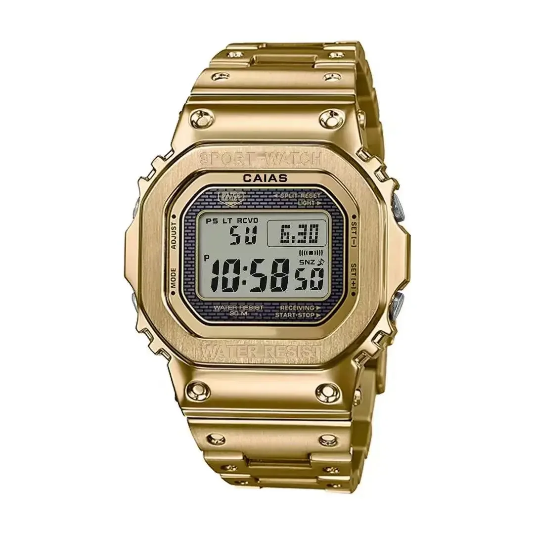 ساعة رياضية رقمية إلكترونية للجنسين كاملة الوظائف بالتوقيت العالمي وحزام فولاذي قابل للطي وإبزيم مربع LED سلسلة 5000 من خشب البلوط