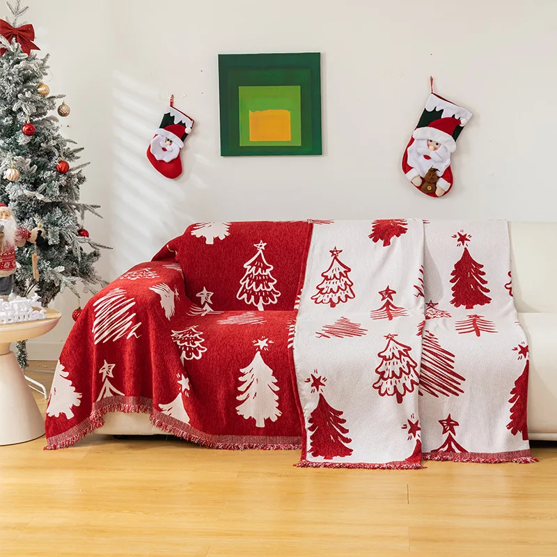 Christmas Sofa Towel Holiday Home Living Room Decoration Sofa Cover Towel Red Festive Double-sided Usable Cover Cloth