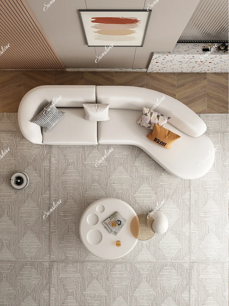 

MLiving room leather sofa simple and modern curved moon sofa cream limelight layer small yellow cowhide