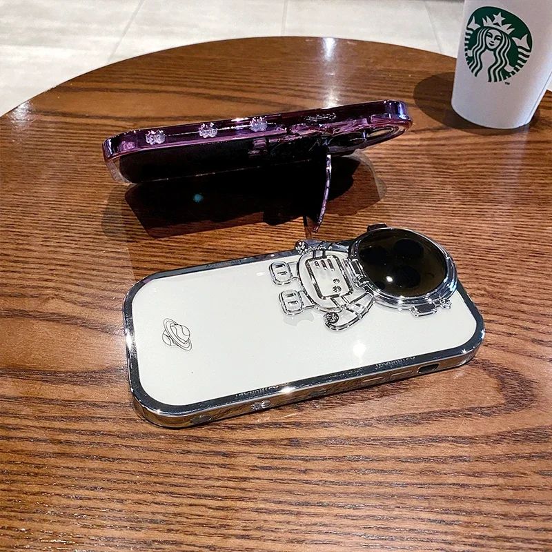 Glitter Cartoon Astronaut Bracket Case For iPhone 14 13 12 Pro Max 15 Plus 11 Xr Plating Holder Transparent Gradient Stand Cover image 2