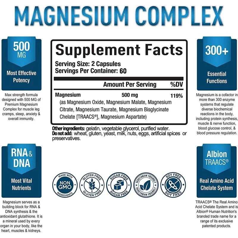 Magnesium Complex Capsules - Magnesium Malate Antioxidant Glutathione Blood Circulation, Sleep, Stress Supplement