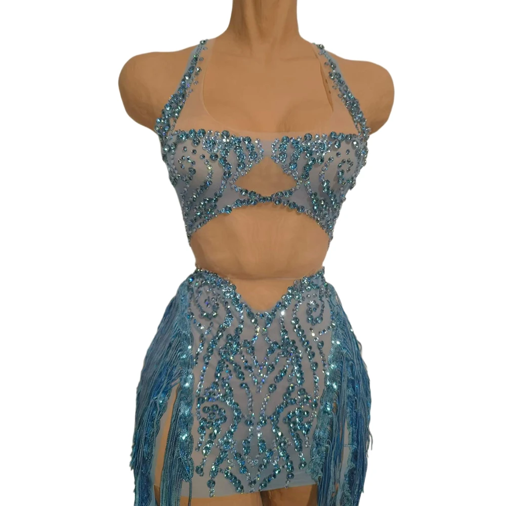 

Sparkly Rhinestones Fringes Birthday Celebrate Dress Women Sexy Transparent Performance Dance Costume Singer Dancer Stage Wear