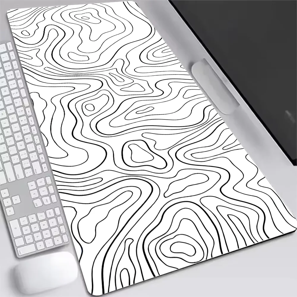 

Black White Contour Map Printed Desk Pad Extra Large Soft Rubber Mouse Pad Minimalist Gaming Keyboard Mat Multi-Size Desk Mat