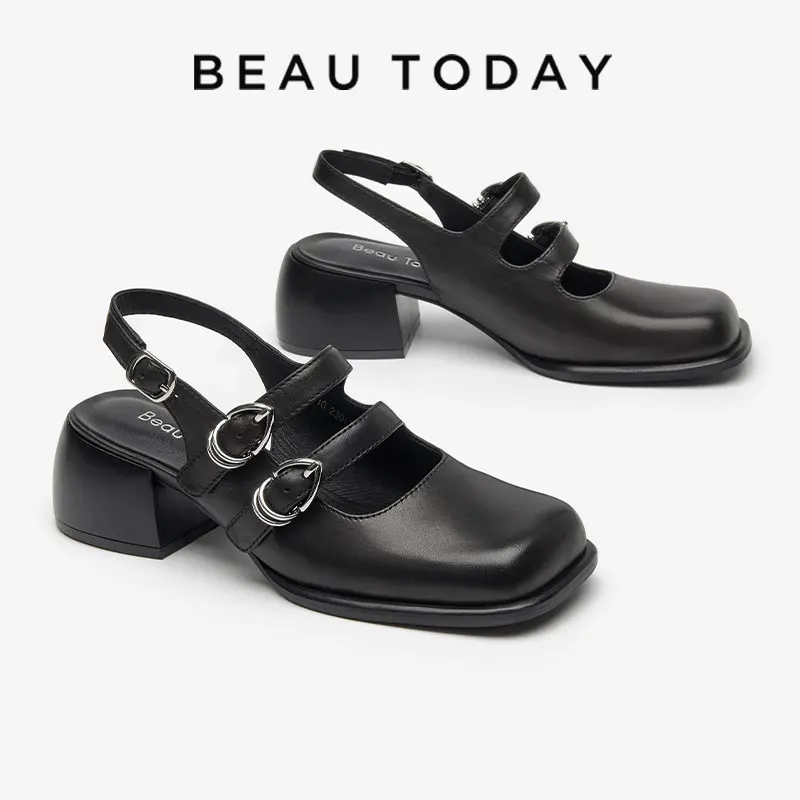 Beautoday Square Toe Sandals Women Genuine Cow Leather Strap Band Retro Solid Color High Heel Summer Ladies Shoes Handmade 31233